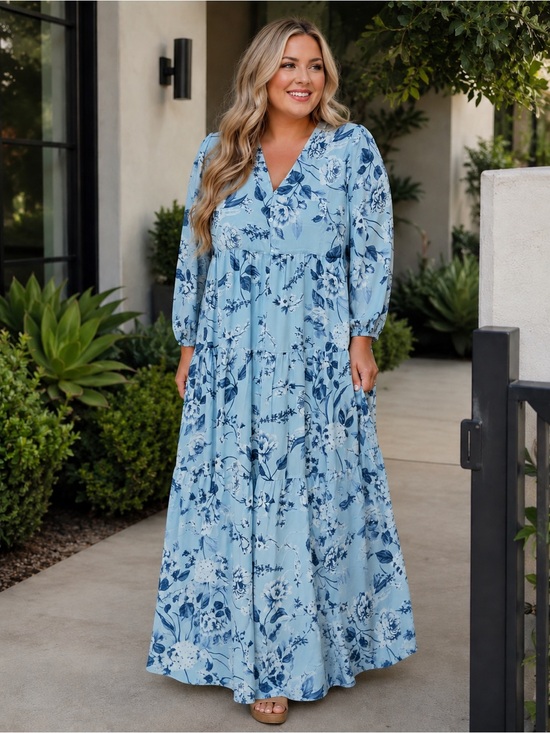 Sugarlips Dresses & Skirts - New 1XL Sugarlips Powder Blue Floral Tiered V-Neck Maxi Dress